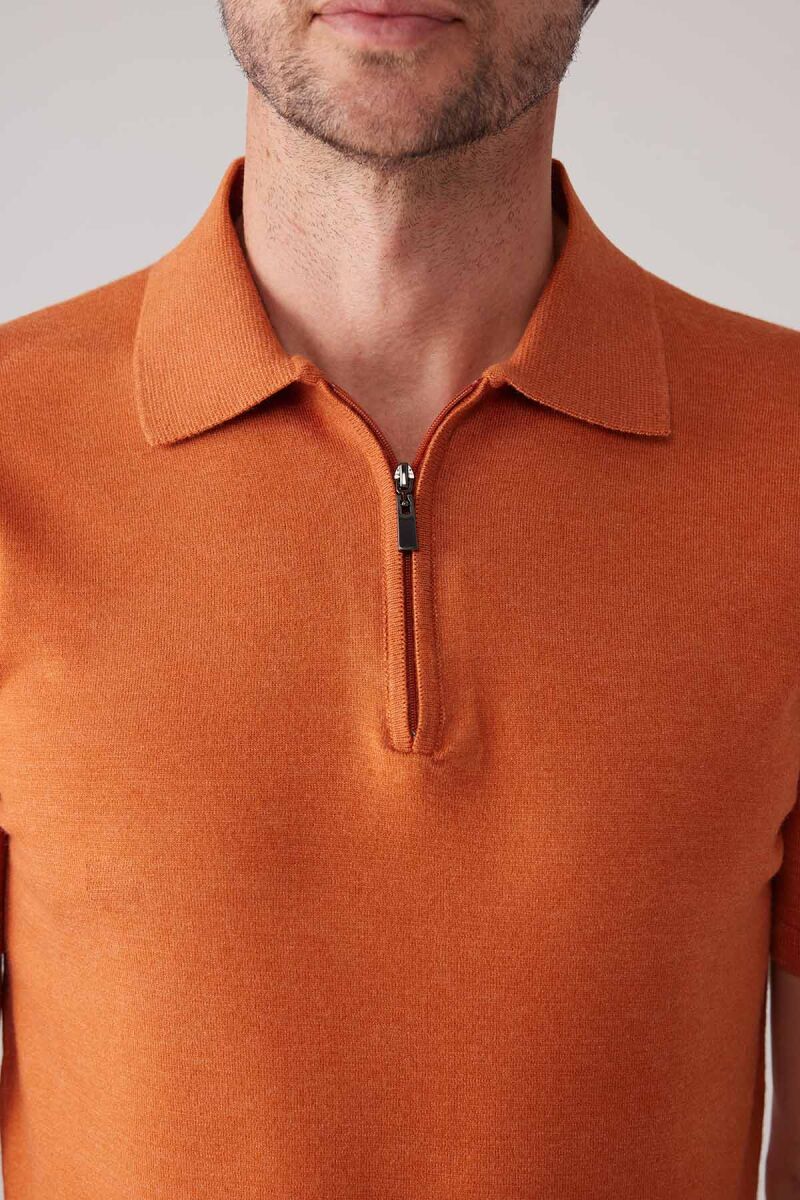 Erkek Kiremit Slim Fit Yarım Fermuarlı Pamuk-Kaşmir Polo Tişört - 7