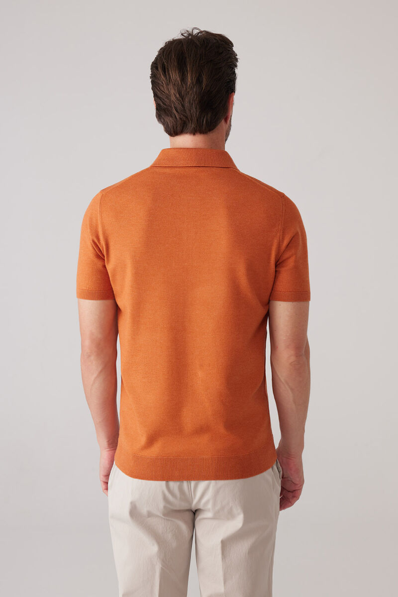 Erkek Kiremit Slim Fit Yarım Fermuarlı Pamuk-Kaşmir Polo Tişört - 8