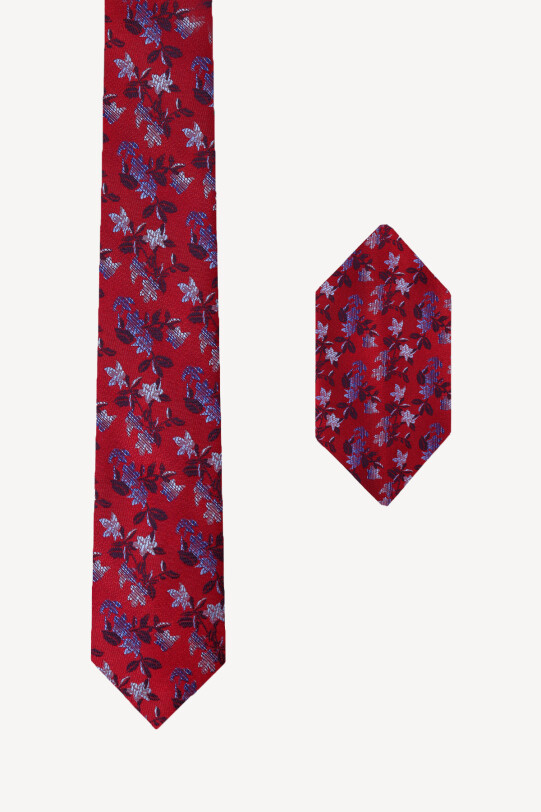 Erkek Kırmızı Çiçek Desenli Kravat Mendil Set - YSF