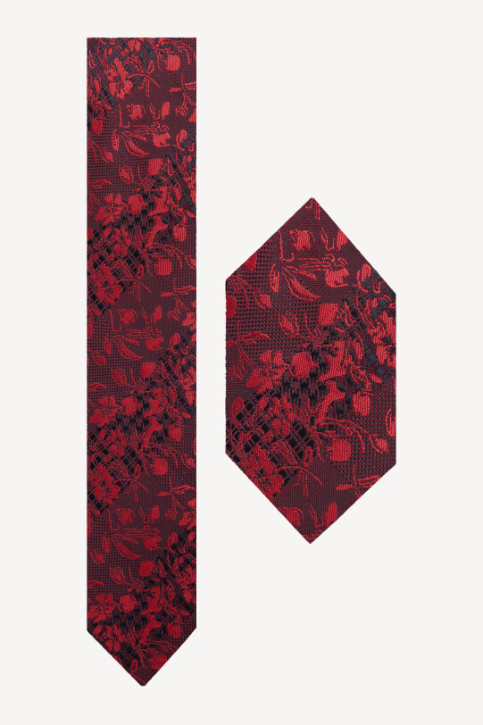 Erkek Kırmızı Çiçek Desenli Kravat Mendil Set - YSF