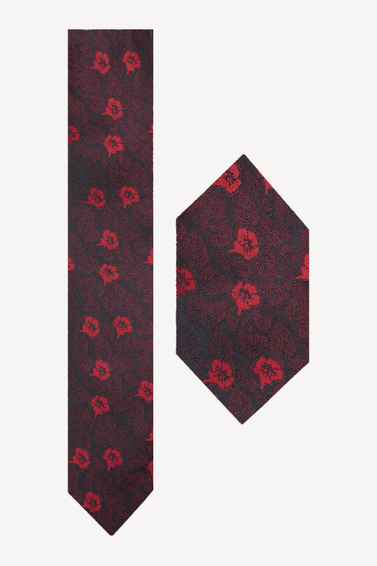 Erkek Kırmızı Çiçek Desenli Kravat Mendil Set - YSF
