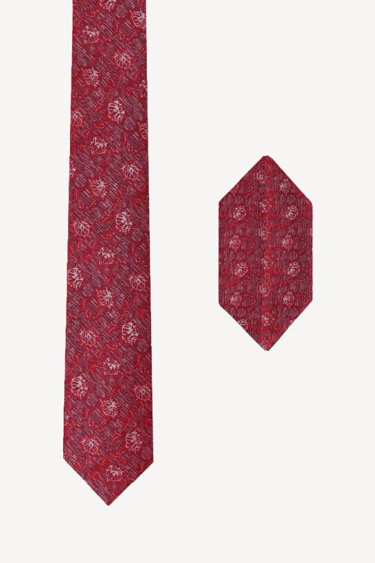 Erkek Kırmızı Çiçek Desenli Kravat Mendil Set - YSF