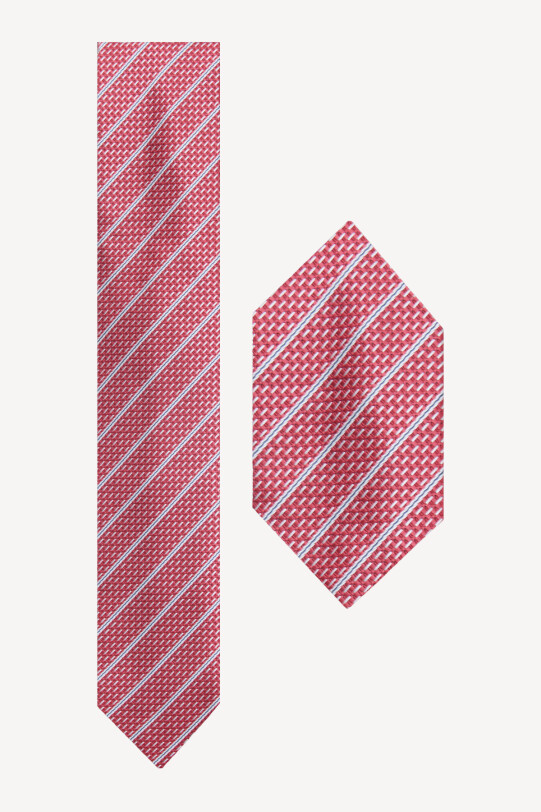 Erkek Kırmızı Çizgili Kravat Mendil Set - YSF