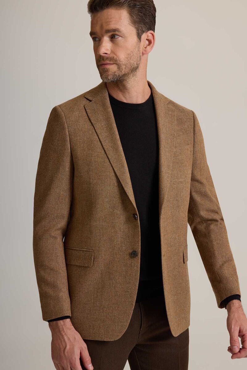 Erkek Koyu Bej Regular Fit Mono Yaka Kışlık Yünlü Ceket - 6