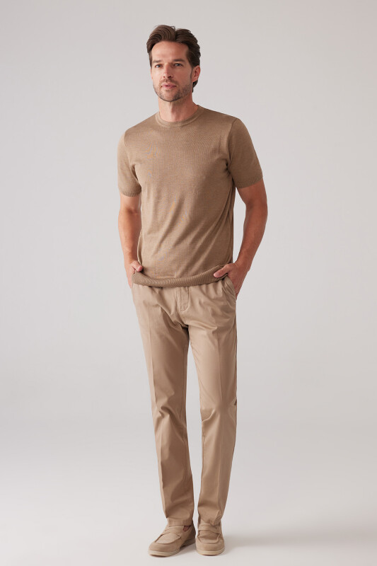 Erkek Koyu Bej Slim Fit Bisiklet Yaka Yazlık Triko Tişört