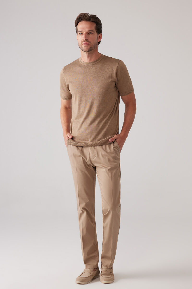 Erkek Koyu Bej Slim Fit Bisiklet Yaka Yazlık Triko Tişört - 2