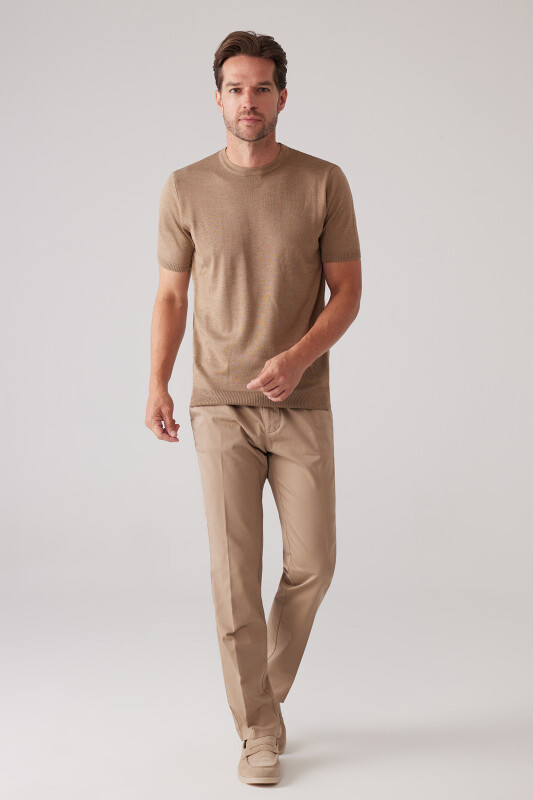 Erkek Koyu Bej Slim Fit Bisiklet Yaka Yazlık Triko Tişört