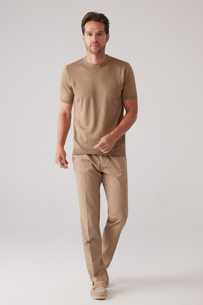 Erkek Koyu Bej Slim Fit Bisiklet Yaka Yazlık Triko Tişört - 3