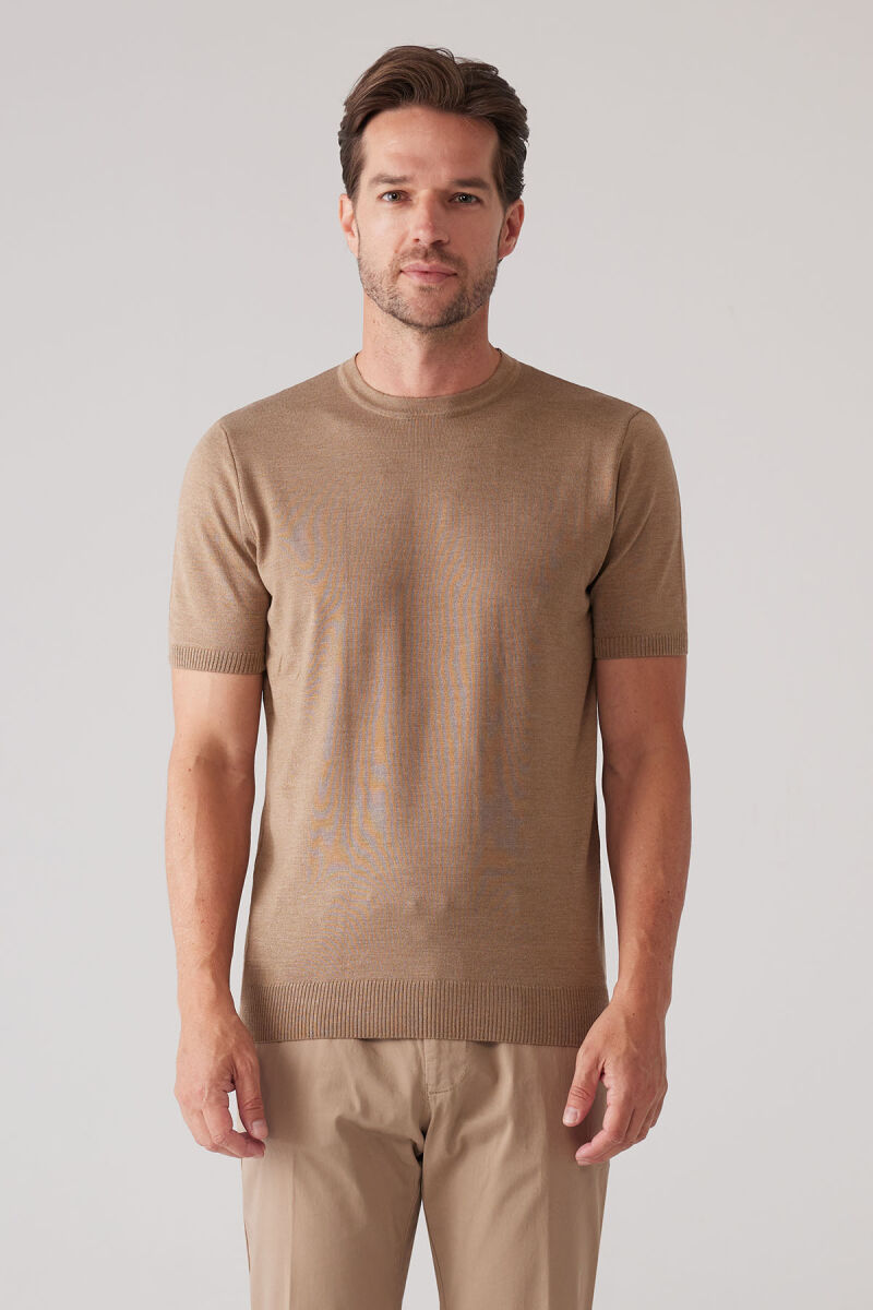 Erkek Koyu Bej Slim Fit Bisiklet Yaka Yazlık Triko Tişört - 4