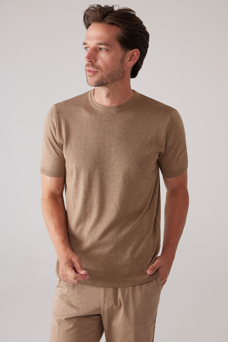 Erkek Koyu Bej Slim Fit Bisiklet Yaka Yazlık Triko Tişört - 6