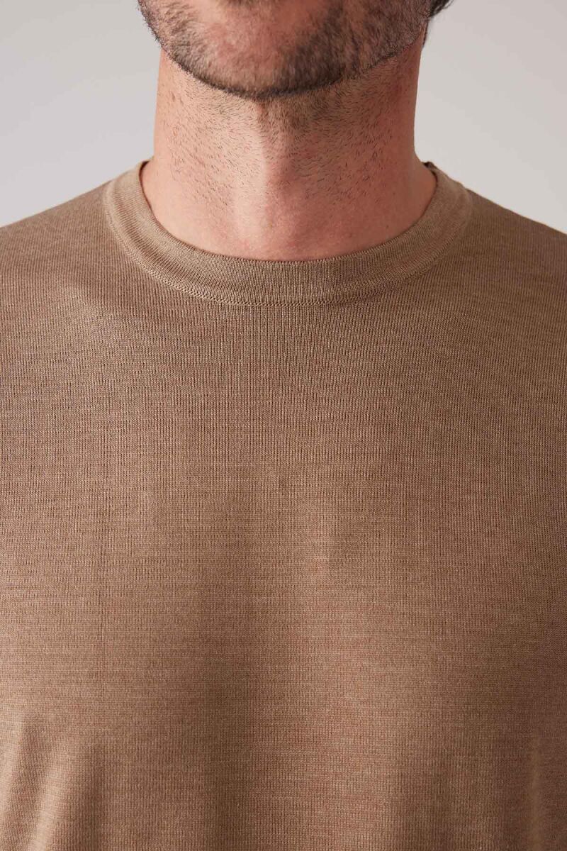 Erkek Koyu Bej Slim Fit Bisiklet Yaka Yazlık Triko Tişört - 7
