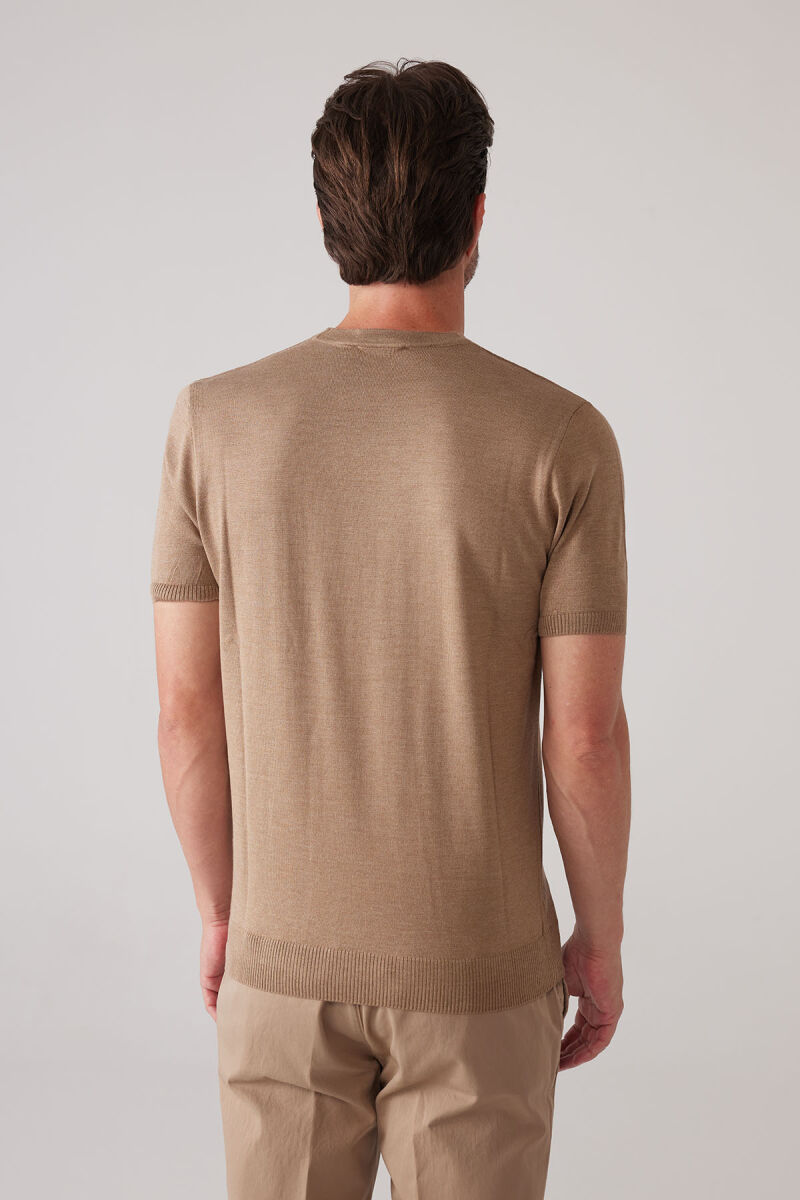 Erkek Koyu Bej Slim Fit Bisiklet Yaka Yazlık Triko Tişört - 8