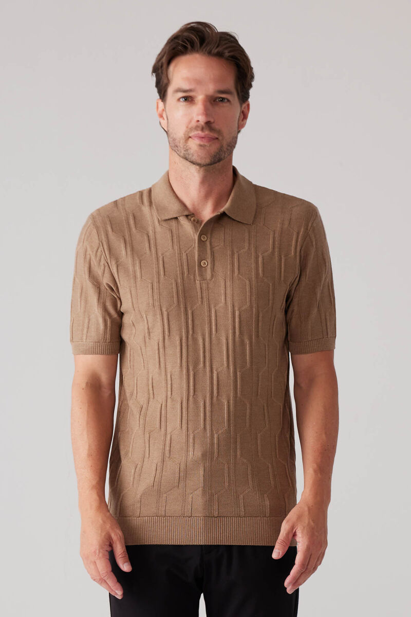 Erkek Koyu Bej Slim Fit Dokulu Örme Polo Yaka Tişört - 2