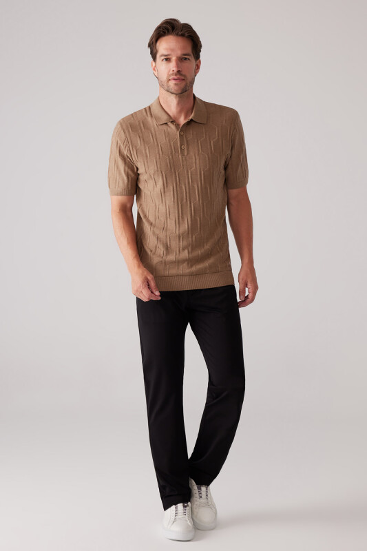 Erkek Koyu Bej Slim Fit Dokulu Örme Polo Yaka Tişört