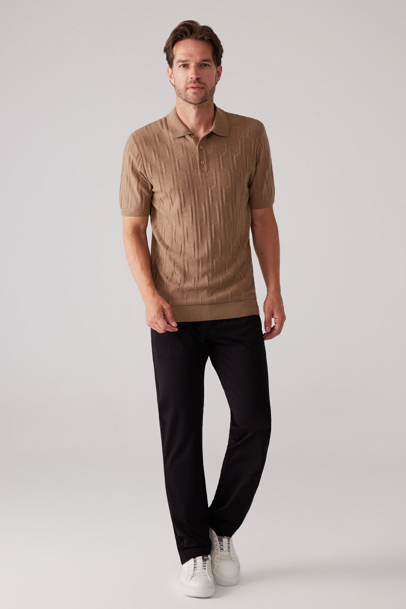 Erkek Koyu Bej Slim Fit Dokulu Örme Polo Yaka Tişört - 3