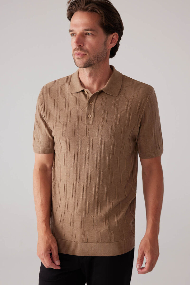 Erkek Koyu Bej Slim Fit Dokulu Örme Polo Yaka Tişört - 5