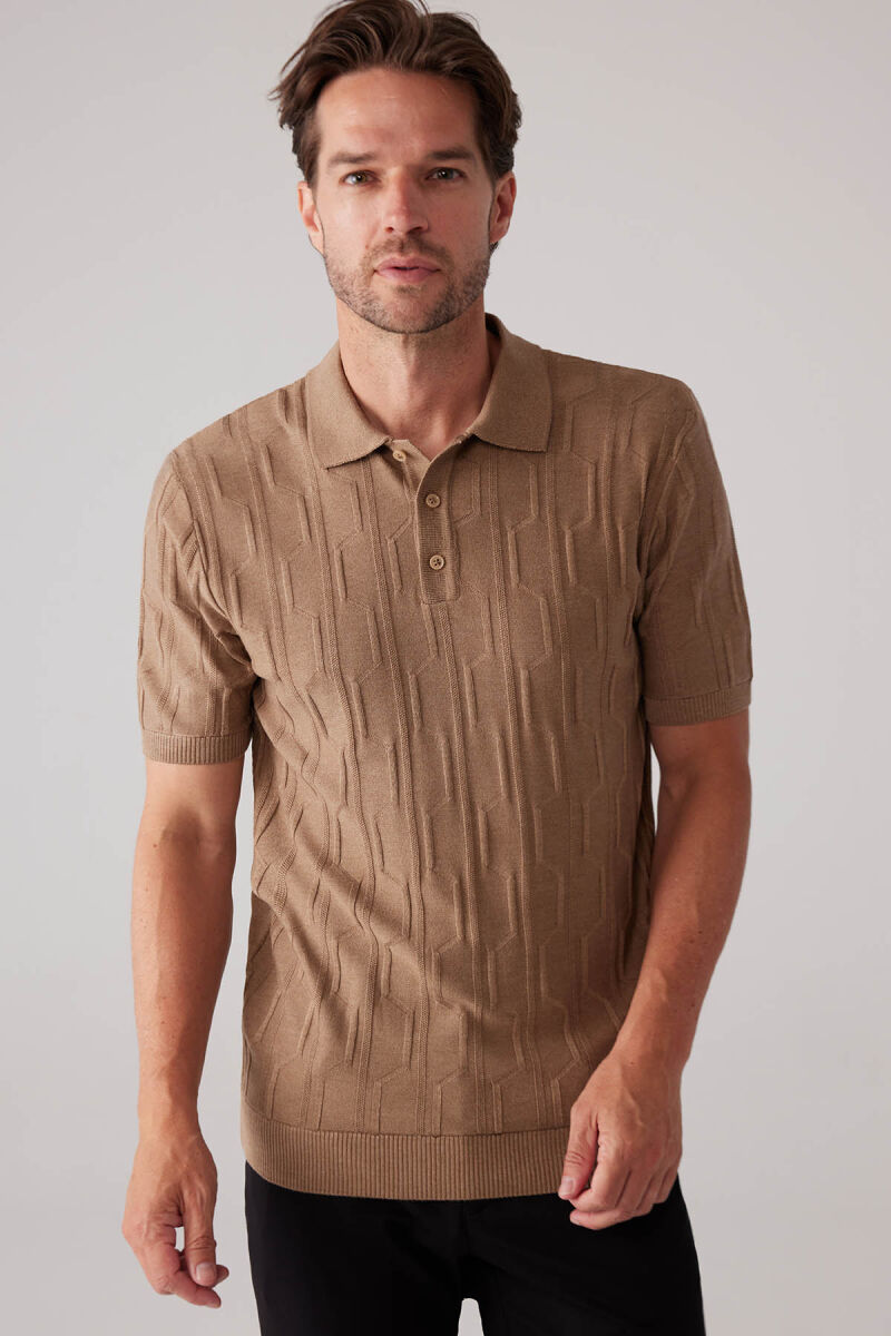 Erkek Koyu Bej Slim Fit Dokulu Örme Polo Yaka Tişört - 6