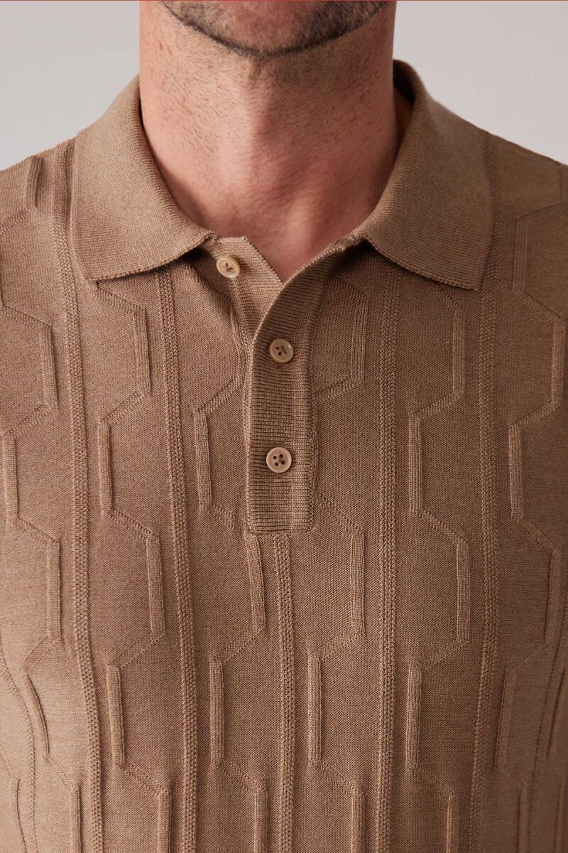 Erkek Koyu Bej Slim Fit Dokulu Örme Polo Yaka Tişört - 7