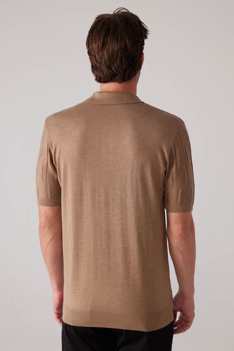 Erkek Koyu Bej Slim Fit Dokulu Örme Polo Yaka Tişört - 8