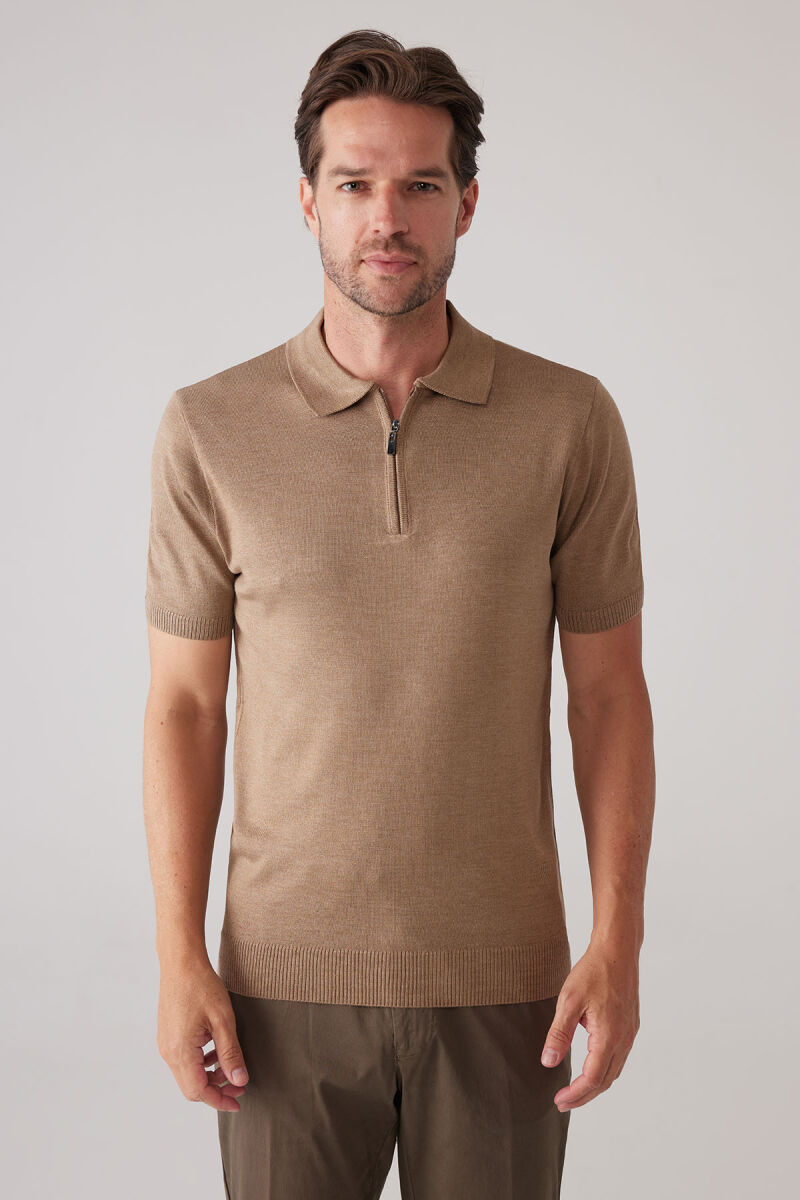 Erkek Koyu Bej Slim Fit Fermuar Detaylı Polo Yaka Triko Tişört - 2