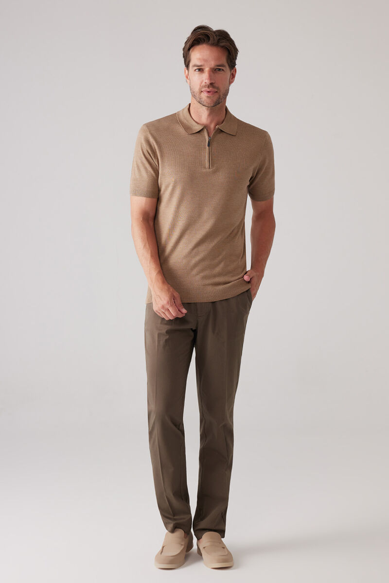 Erkek Koyu Bej Slim Fit Fermuar Detaylı Polo Yaka Triko Tişört - 3