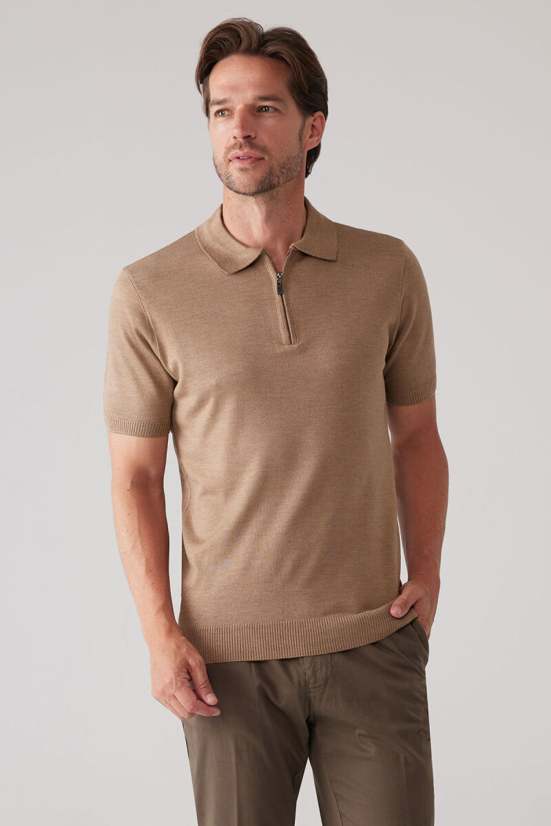 Erkek Koyu Bej Slim Fit Fermuar Detaylı Polo Yaka Triko Tişört - 4