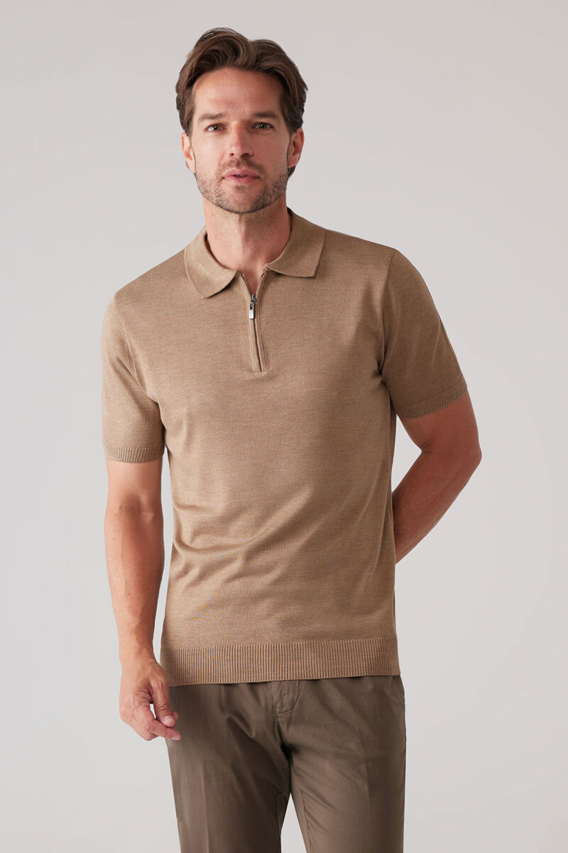 Erkek Koyu Bej Slim Fit Fermuar Detaylı Polo Yaka Triko Tişört - 5