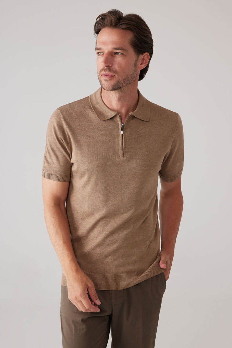 Erkek Koyu Bej Slim Fit Fermuar Detaylı Polo Yaka Triko Tişört - 6