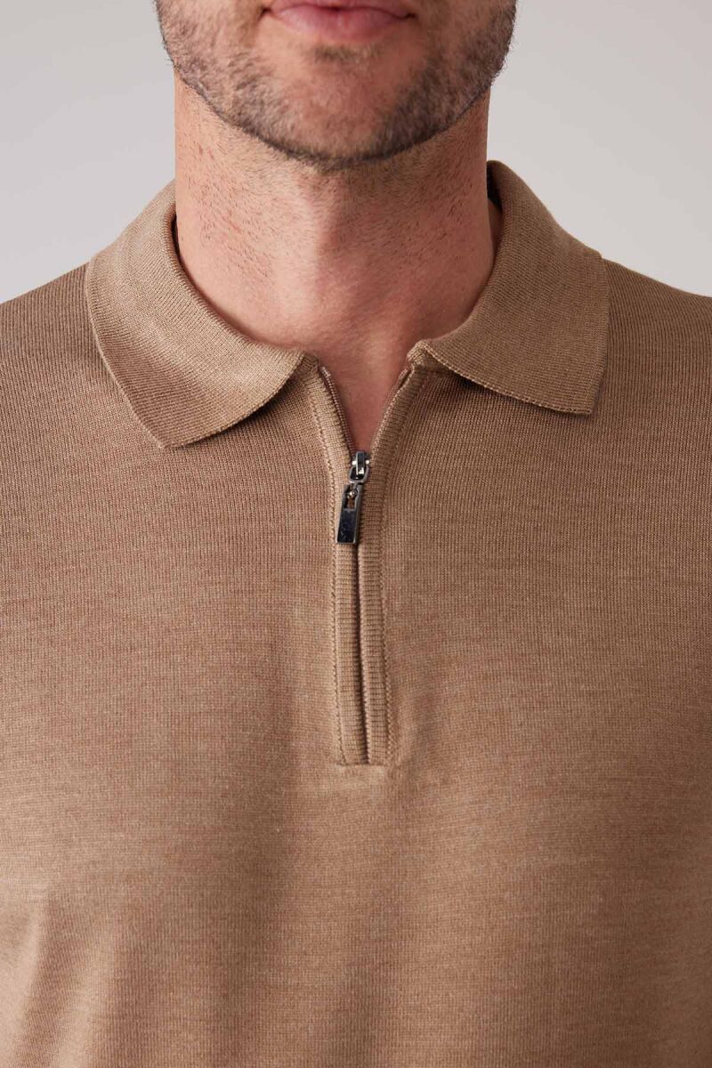 Erkek Koyu Bej Slim Fit Fermuar Detaylı Polo Yaka Triko Tişört - 7