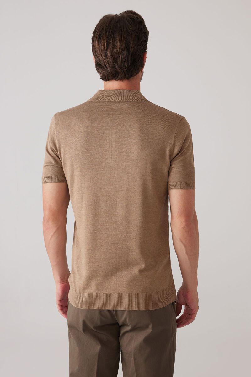 Erkek Koyu Bej Slim Fit Fermuar Detaylı Polo Yaka Triko Tişört - 8