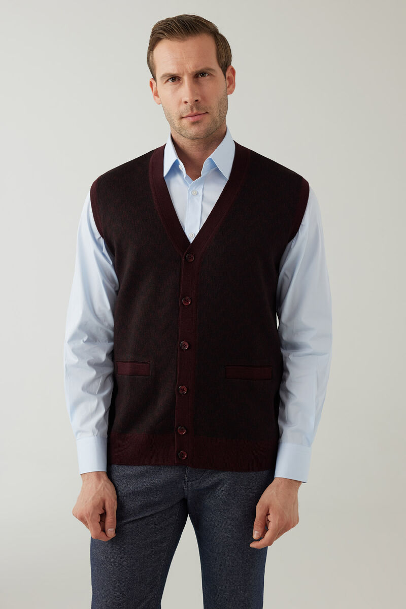 Erkek Koyu Bordo Regular Fit Desenli Yün Karışımlı Triko Yelek - 1