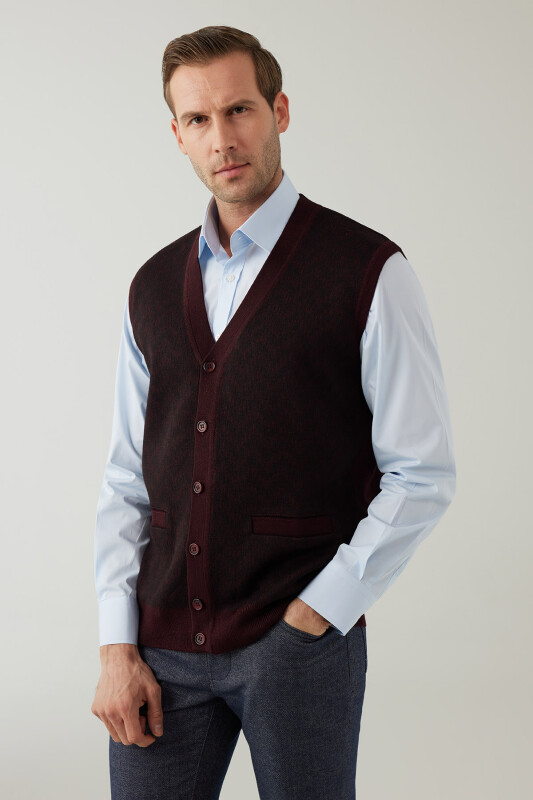 Erkek Koyu Bordo Regular Fit Desenli Yün Karışımlı Triko Yelek