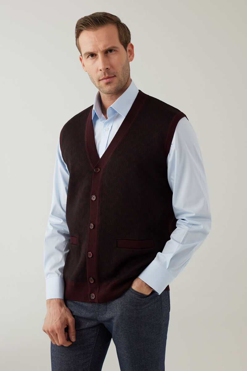 Erkek Koyu Bordo Regular Fit Desenli Yün Karışımlı Triko Yelek - 2