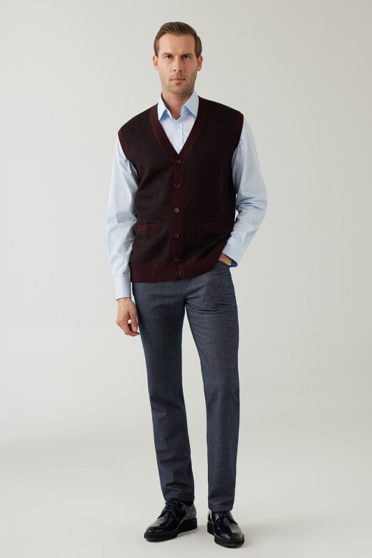 Erkek Koyu Bordo Regular Fit Desenli Yün Karışımlı Triko Yelek