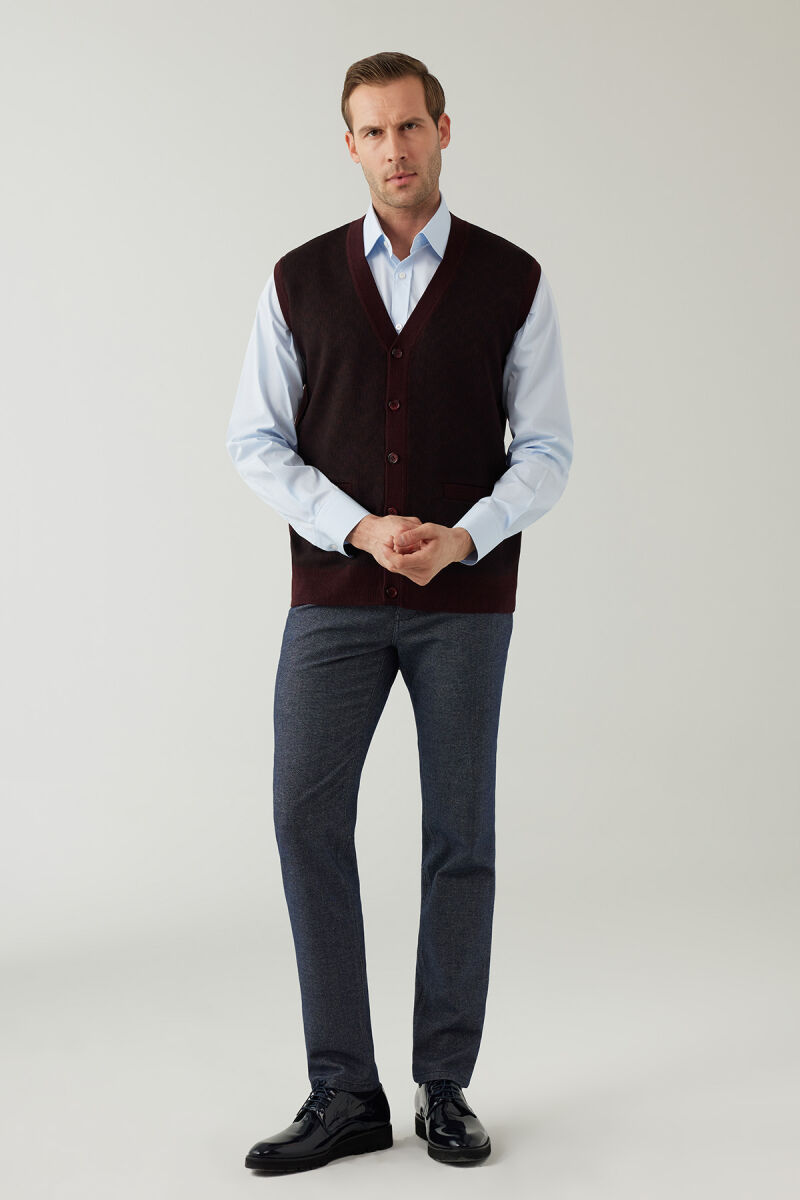 Erkek Koyu Bordo Regular Fit Desenli Yün Karışımlı Triko Yelek - 4