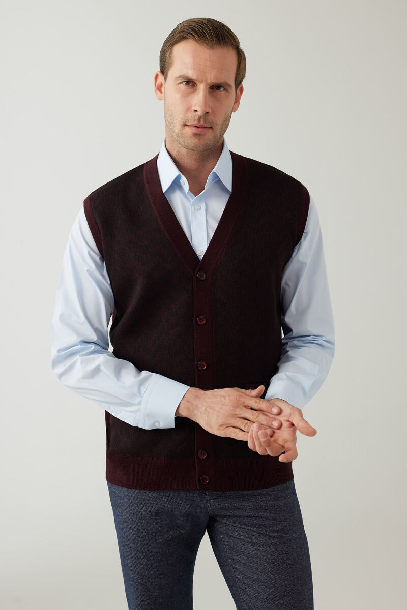Erkek Koyu Bordo Regular Fit Desenli Yün Karışımlı Triko Yelek - 5