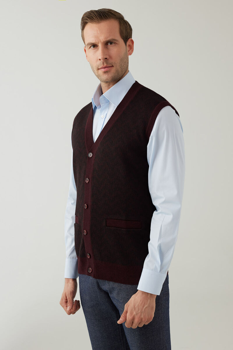 Erkek Koyu Bordo Regular Fit Desenli Yün Karışımlı Triko Yelek - 6