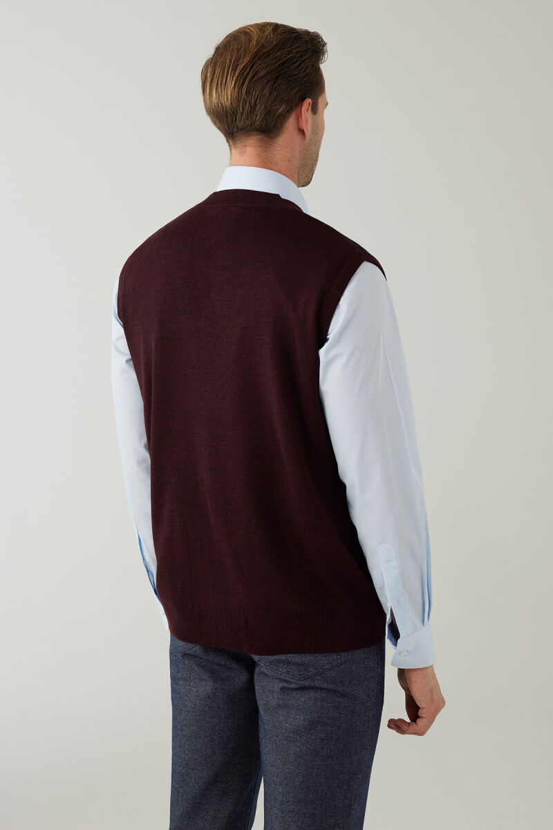 Erkek Koyu Bordo Regular Fit Desenli Yün Karışımlı Triko Yelek - 8