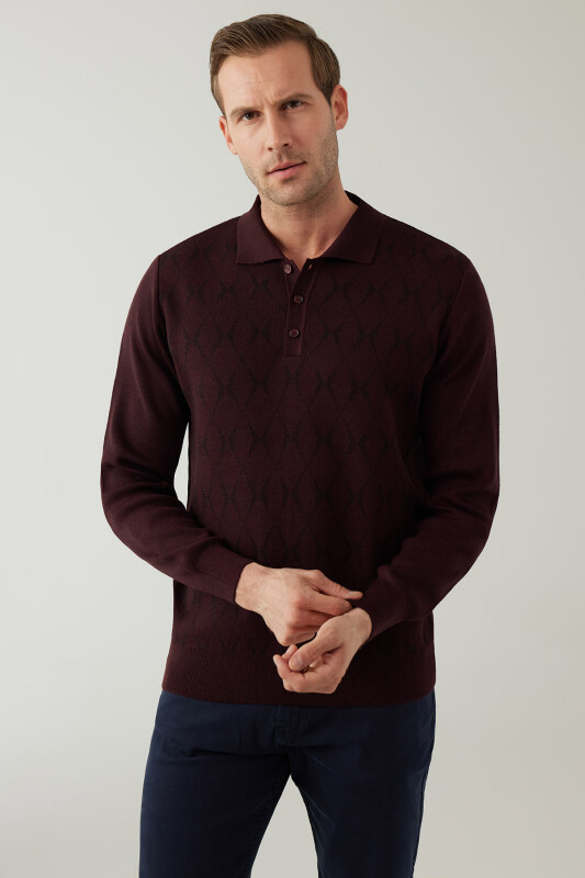 Erkek Koyu Bordo Regular Fit Desenli Yünlü Polo Yaka Triko