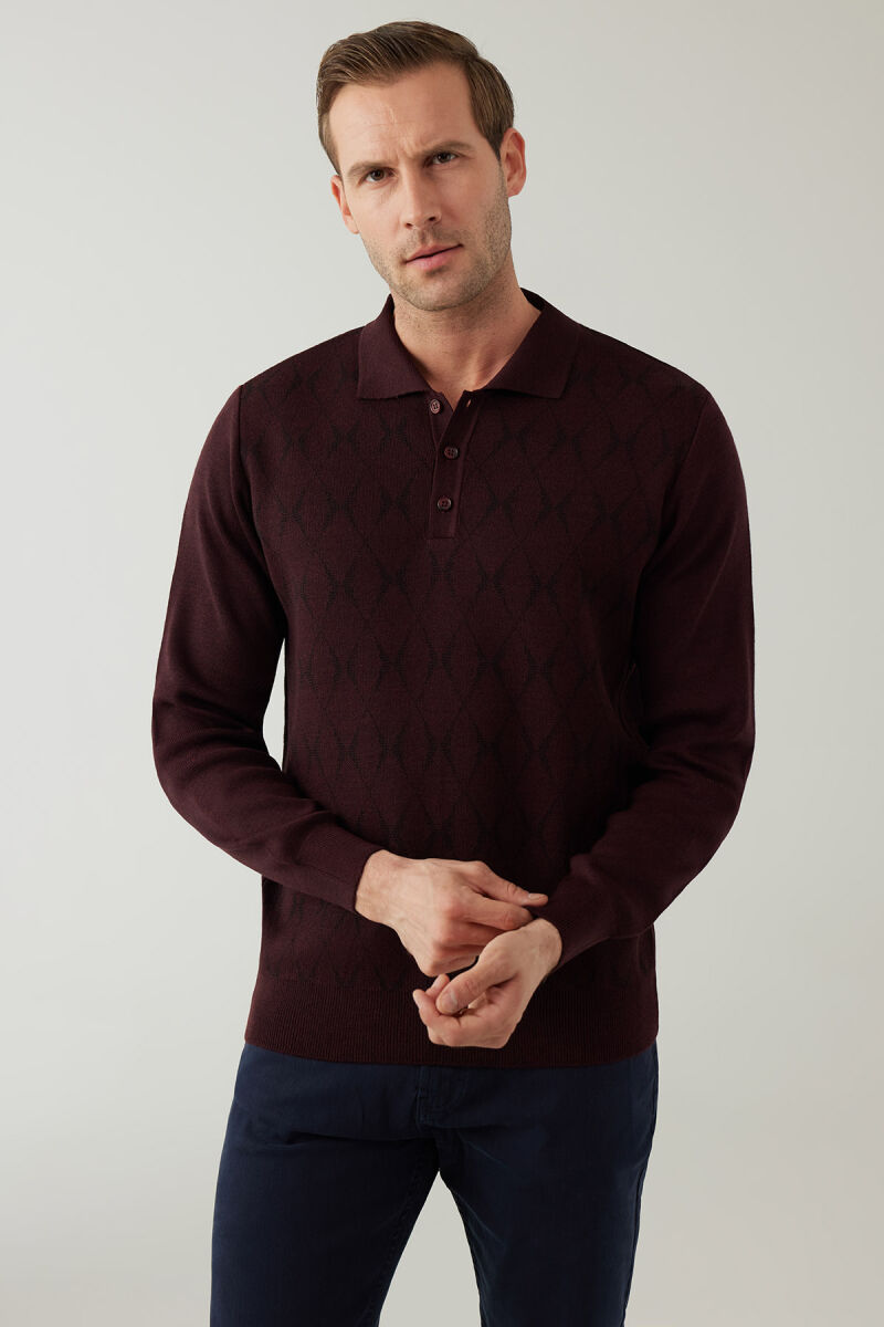 Erkek Koyu Bordo Regular Fit Desenli Yünlü Polo Yaka Triko - 1