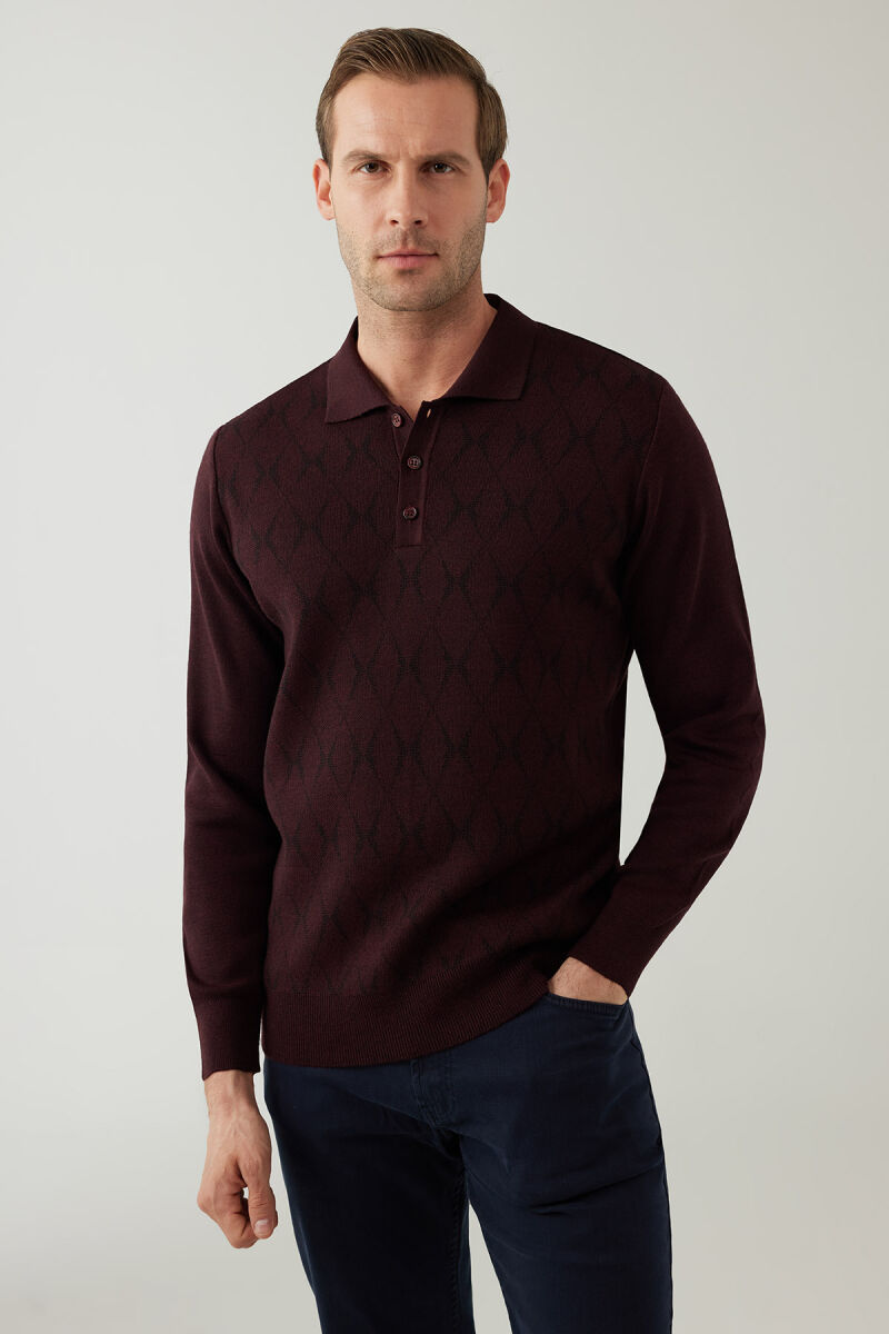 Erkek Koyu Bordo Regular Fit Desenli Yünlü Polo Yaka Triko - 2