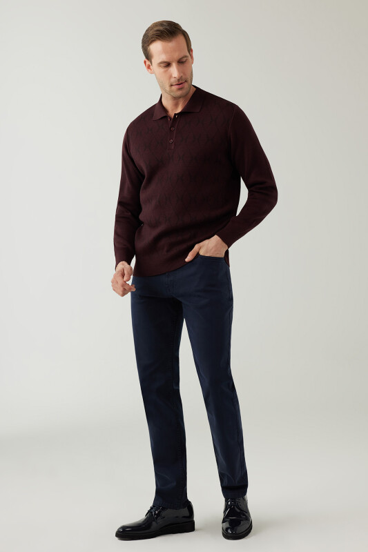 Erkek Koyu Bordo Regular Fit Desenli Yünlü Polo Yaka Triko