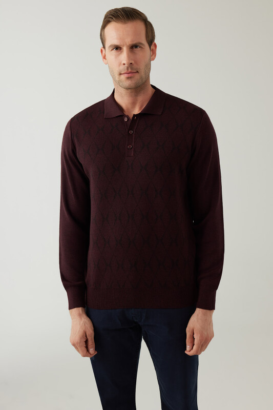 Erkek Koyu Bordo Regular Fit Desenli Yünlü Polo Yaka Triko