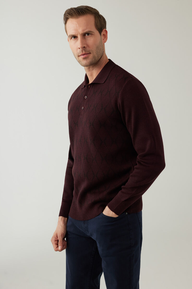 Erkek Koyu Bordo Regular Fit Desenli Yünlü Polo Yaka Triko - 6