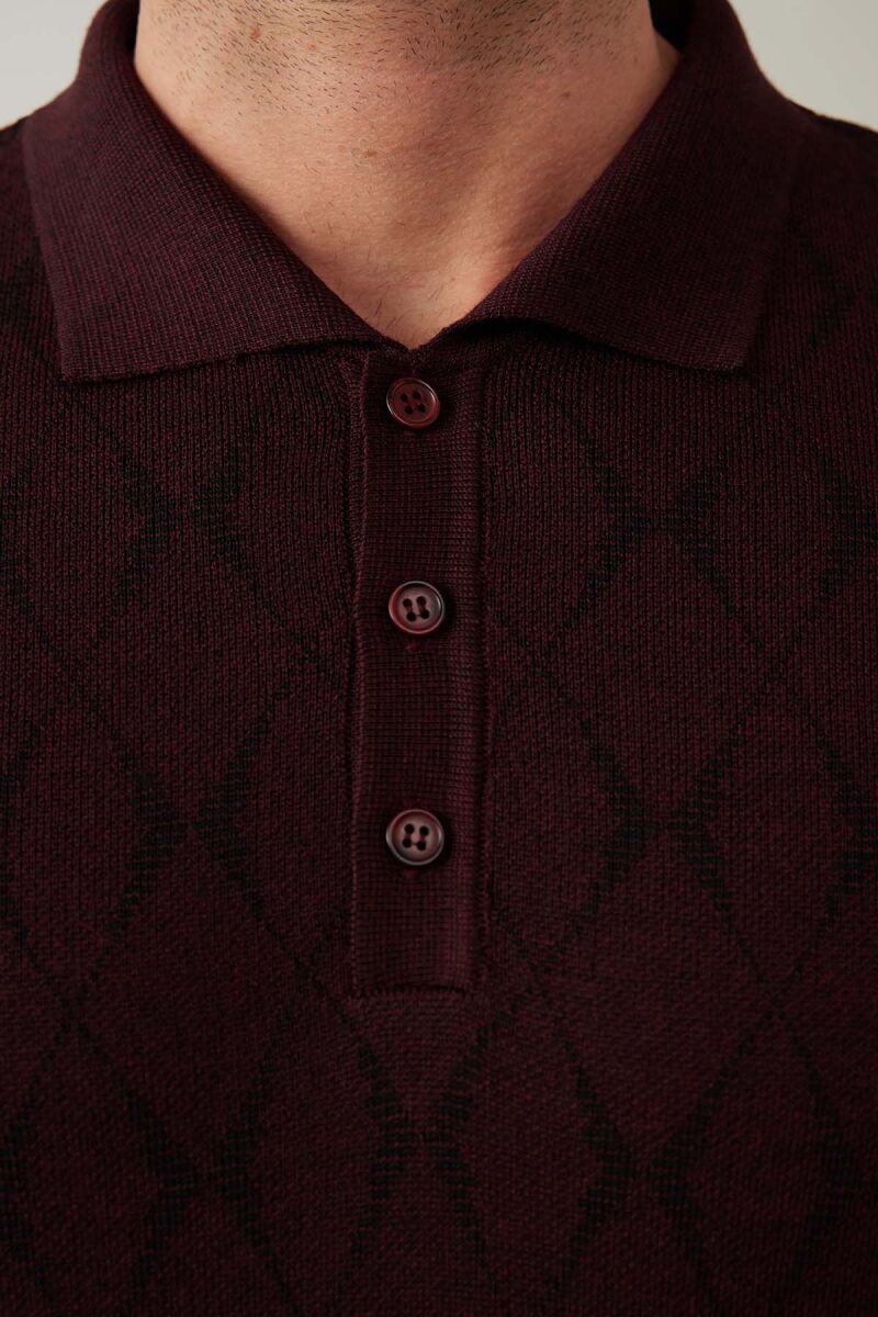 Erkek Koyu Bordo Regular Fit Desenli Yünlü Polo Yaka Triko - 7