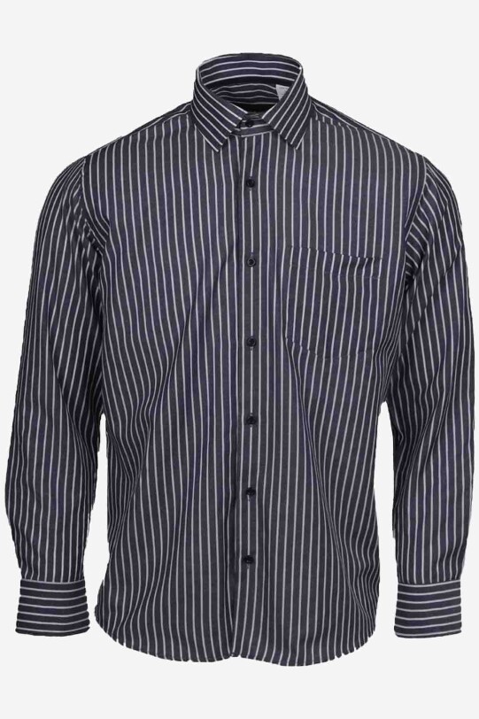 Erkek Koyu Gri Çizgili Klasik Uzun Kollu Gömlek