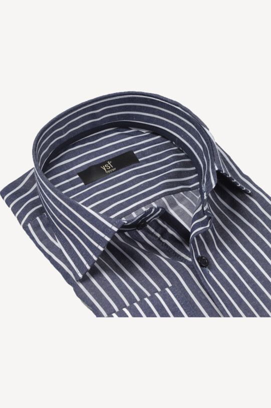 Erkek Koyu Gri Çizgili Klasik Uzun Kollu Gömlek