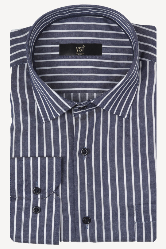 Erkek Koyu Gri Çizgili Klasik Uzun Kollu Gömlek