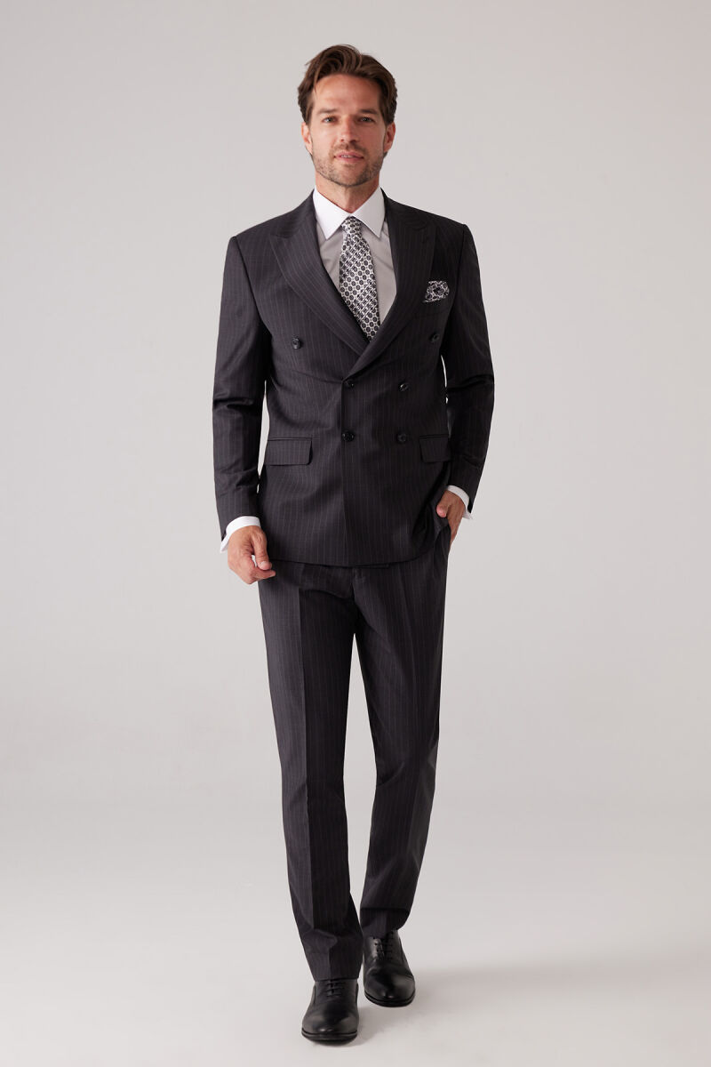 Erkek Koyu Gri Çizgili Slim Fit Wool Kruvaze Takım Elbise - 4