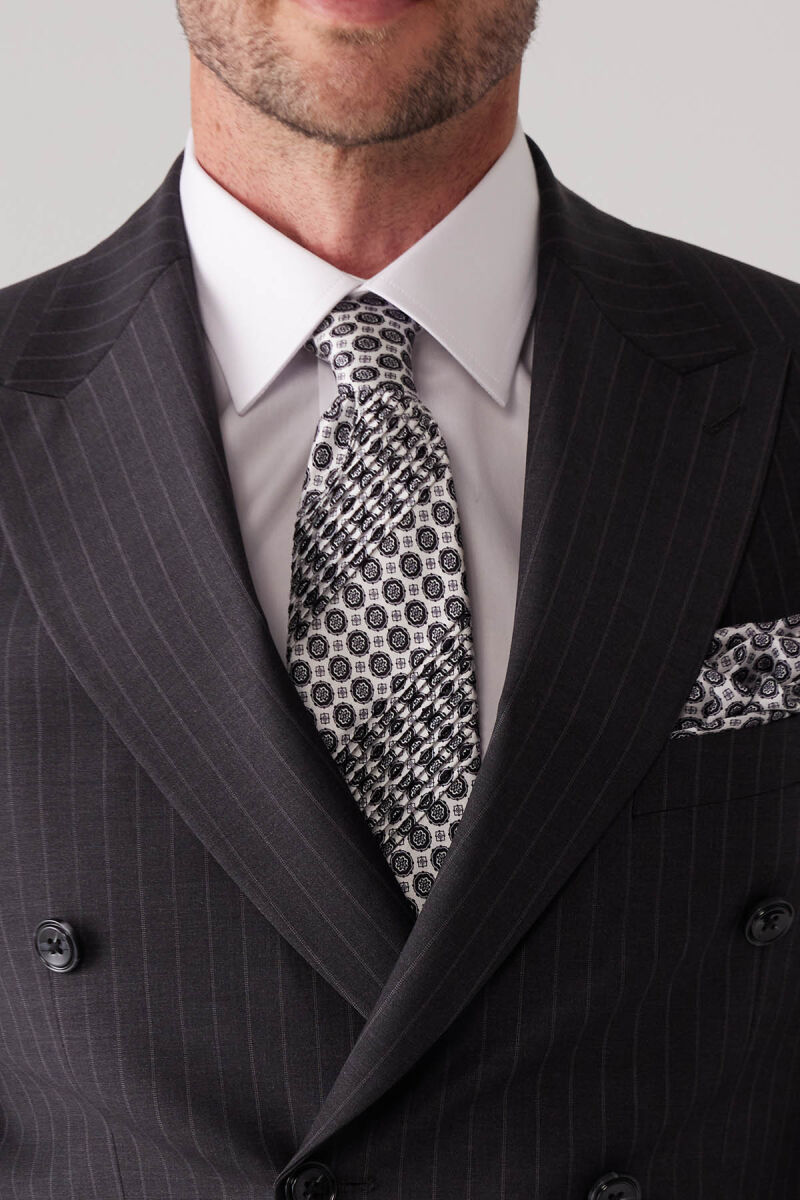 Erkek Koyu Gri Çizgili Slim Fit Wool Kruvaze Takım Elbise - 5
